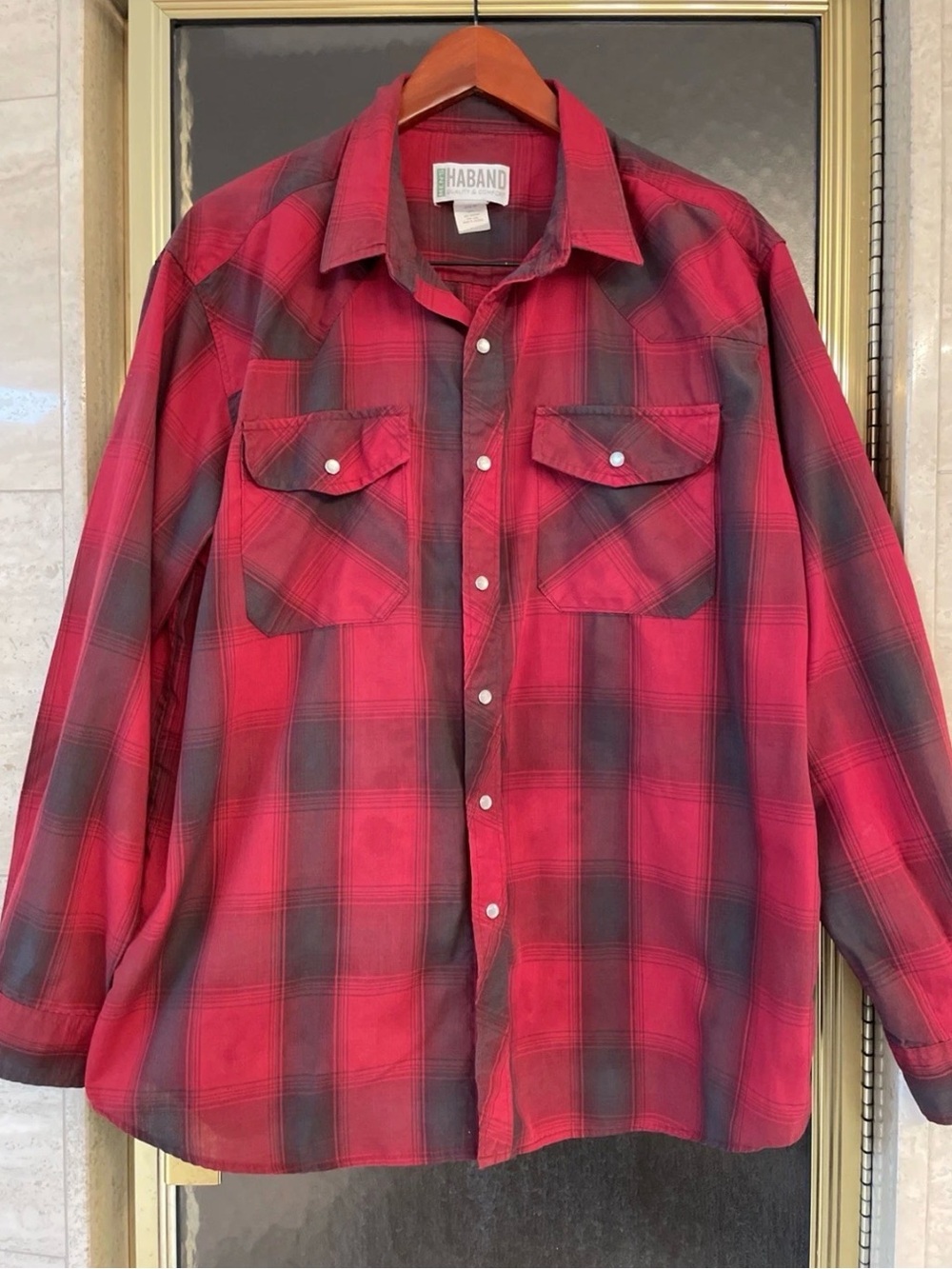 Haband Shirt Men's Large Red Plaid Pearl Snap Front Long Sleeve Pockets